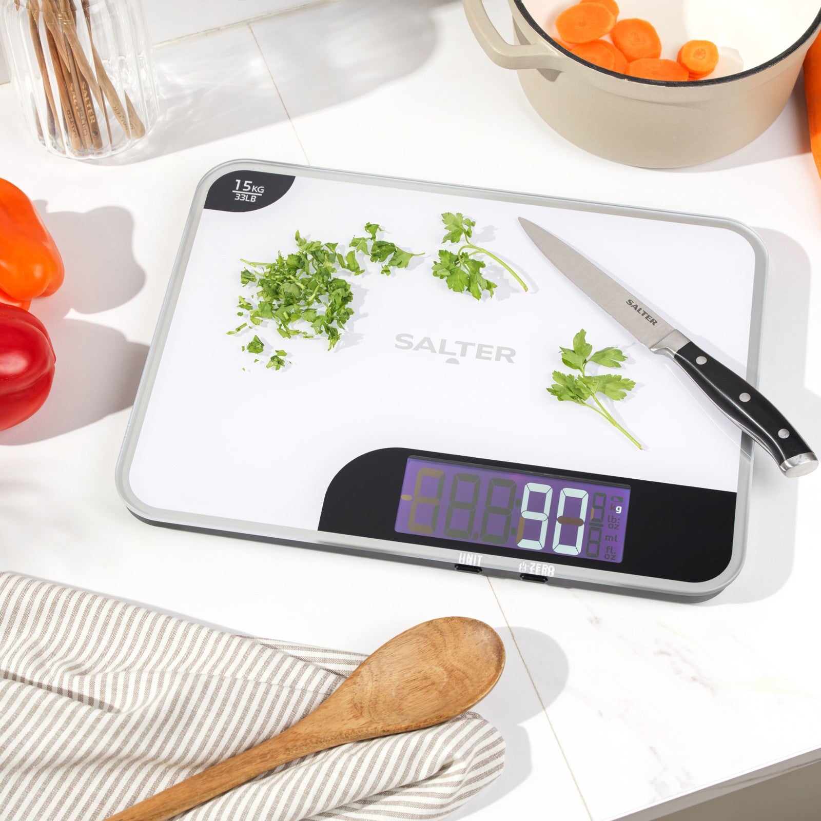 Salter Max Electronic Kitchen Scale 15Kg Digital Baking Food Mirror Finish White