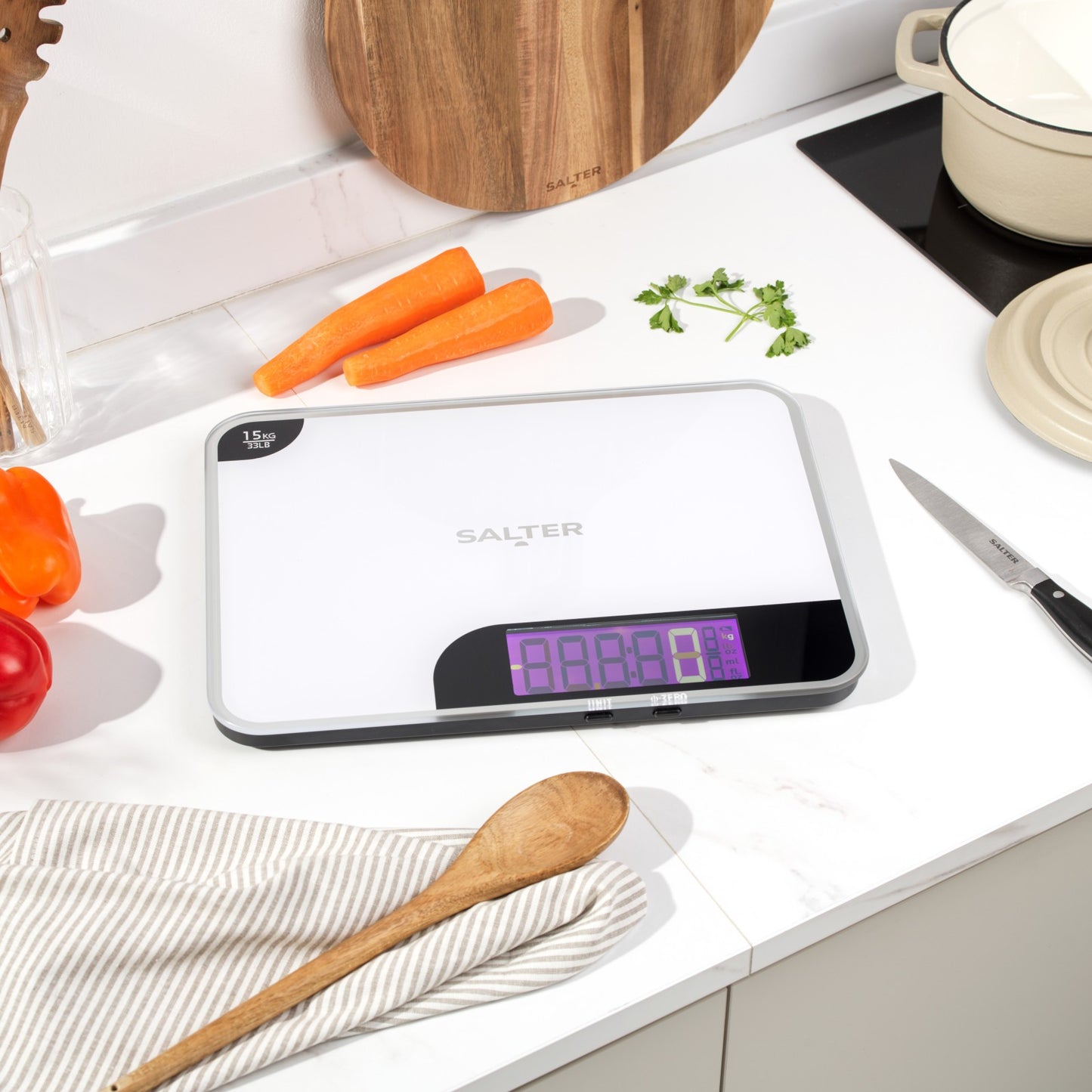 Salter Max Electronic Kitchen Scale 15Kg Digital Baking Food Mirror Finish White