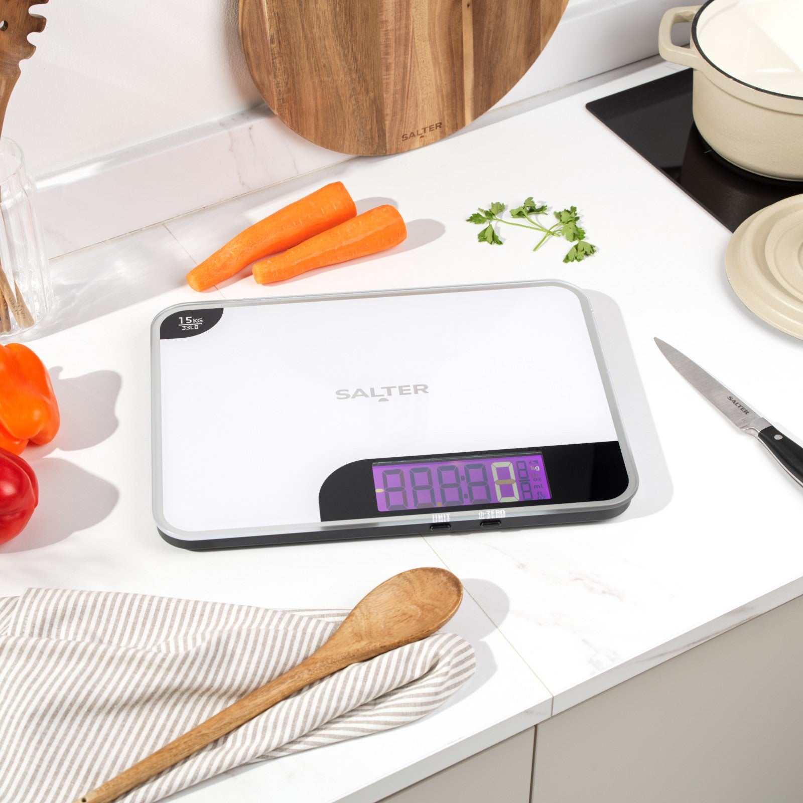 Salter Max Electronic Kitchen Scale 15Kg Digital Baking Food Mirror Finish White