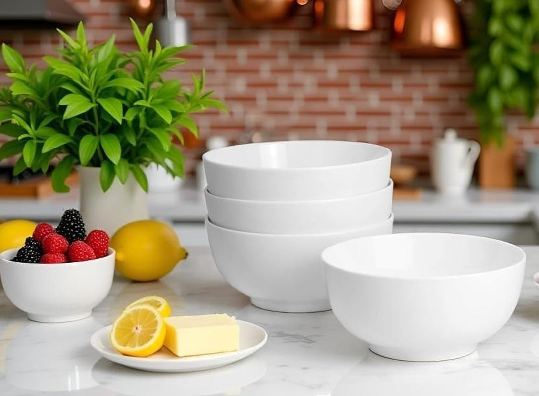 White Porcelain Bowls 600Ml - Set of 4 | Breakfast, Soup, Noodles | M&W